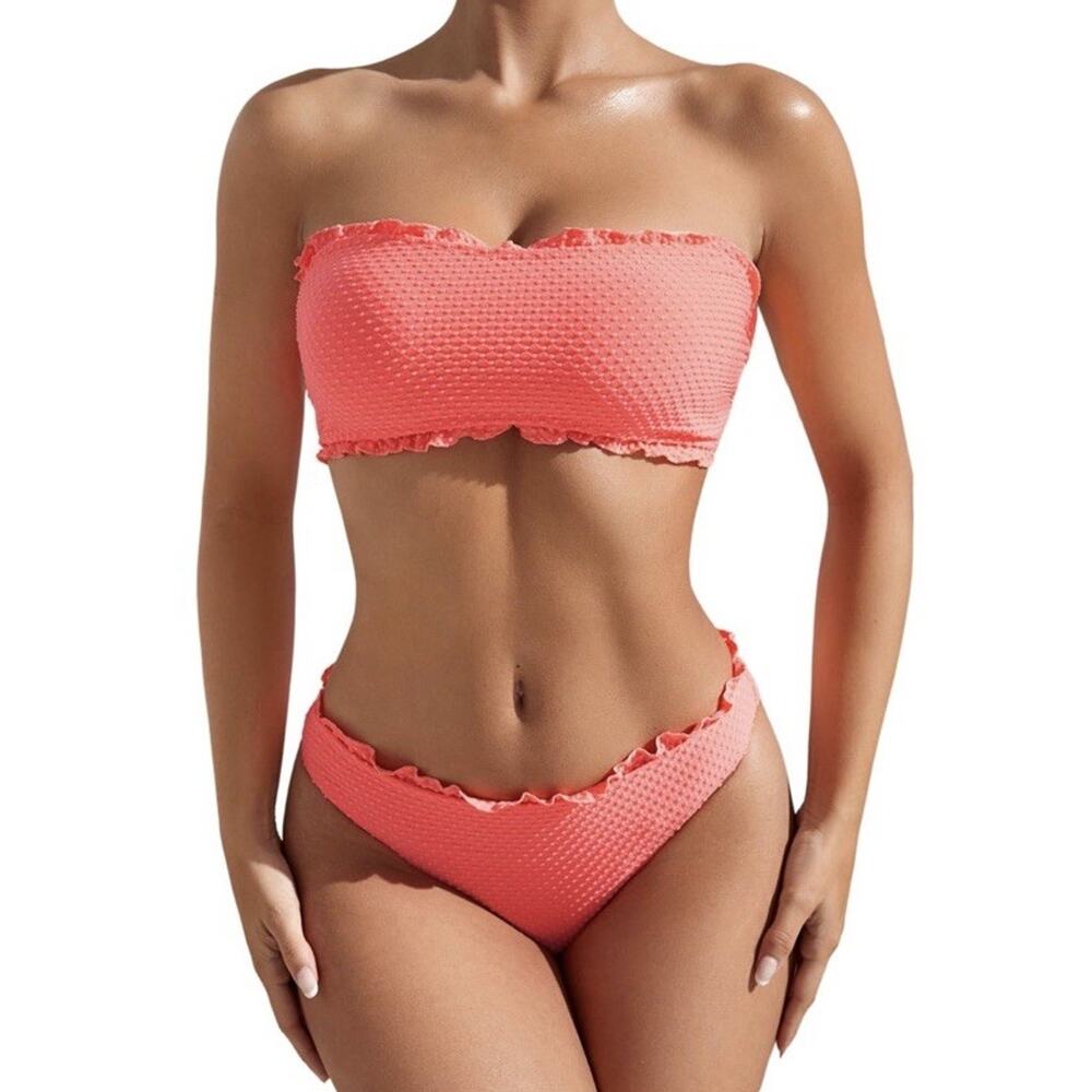 WDIRARA Women's L Coral Orange Bikini Textured Strapless Bandeau Top & Bottom